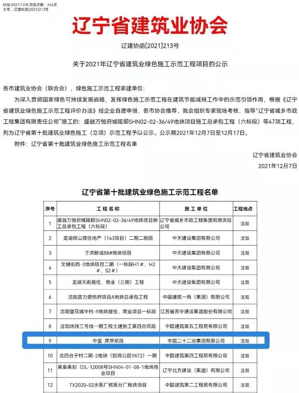 一公司一項工程獲評2021年遼寧省建筑業綠色施工示范工程